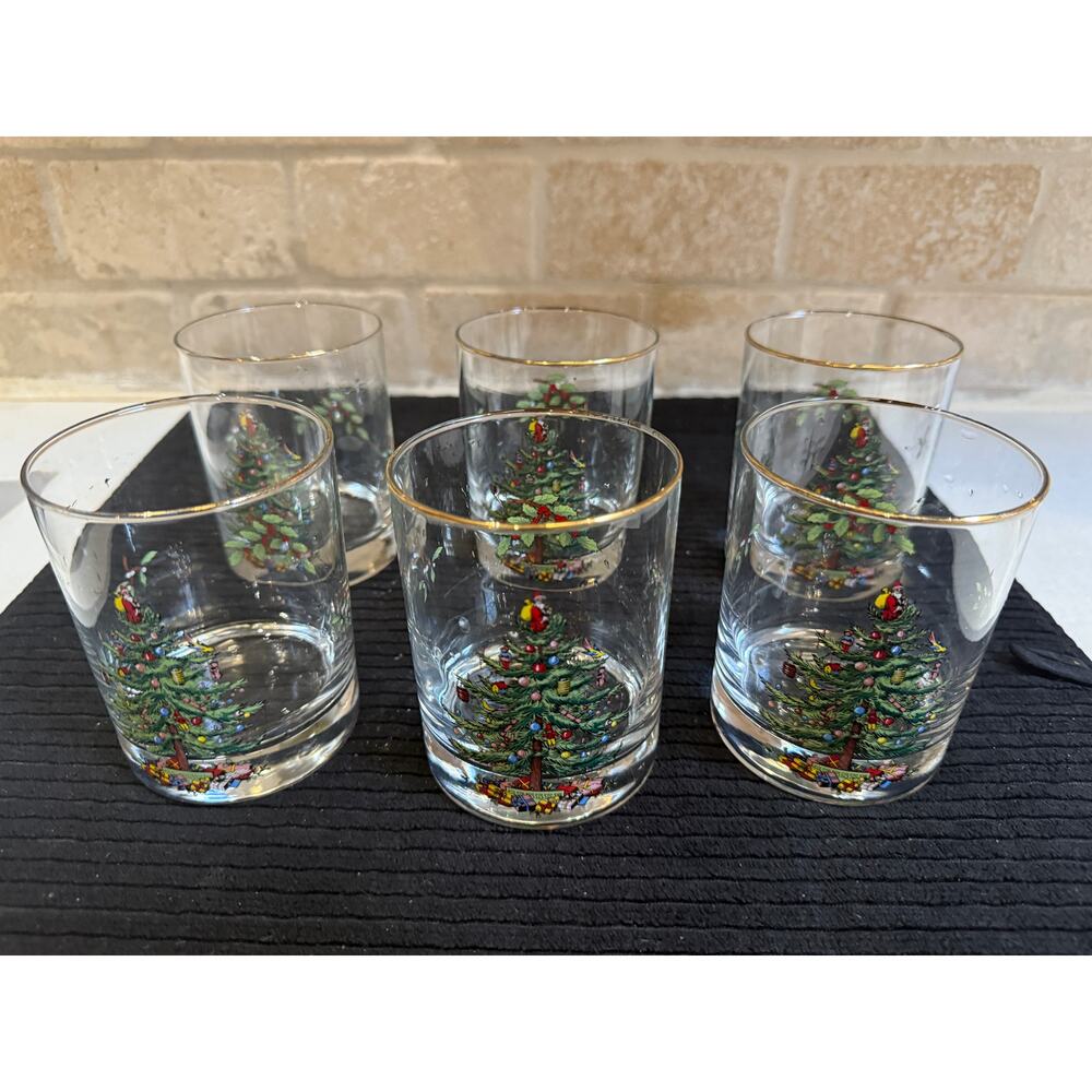 Set of 6 Spode CHRISTMAS TREE Santa Gold Rim 12 Oz Double Old Fashioned Glasses